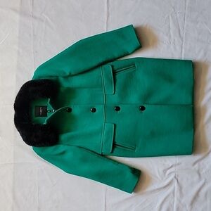 Talbots Wool Overcoat in Kelly Green with Black Faux Fur Collar